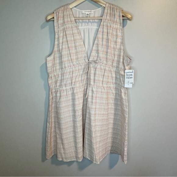 Treasure & Bond Plaid Shirred Cotton Blend Dress Ivory Honey Plaid 1X - Picture 2 of 8